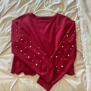 Pearl-Embellished Red Women’s Long-Sleeve Top